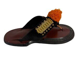 Traditional Ethnic Ahenema Sandals Size 8 Leather Slippers Orange Pom Ghanaian